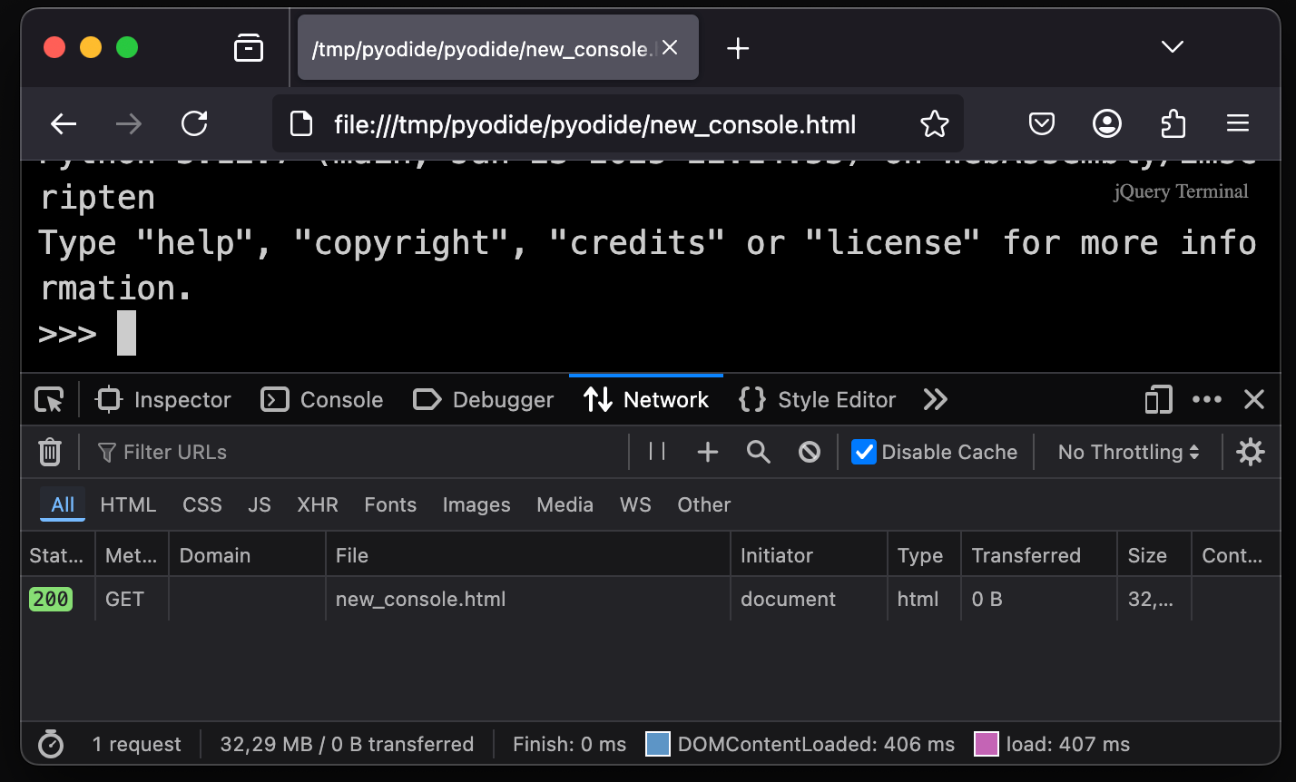 This screenshot shows the modified console.html file loading from the filesystem without CORS issues